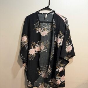 Feathers Kimono Wrap Black Pink Floral Open Front Lightweight‎ Cardigan Large